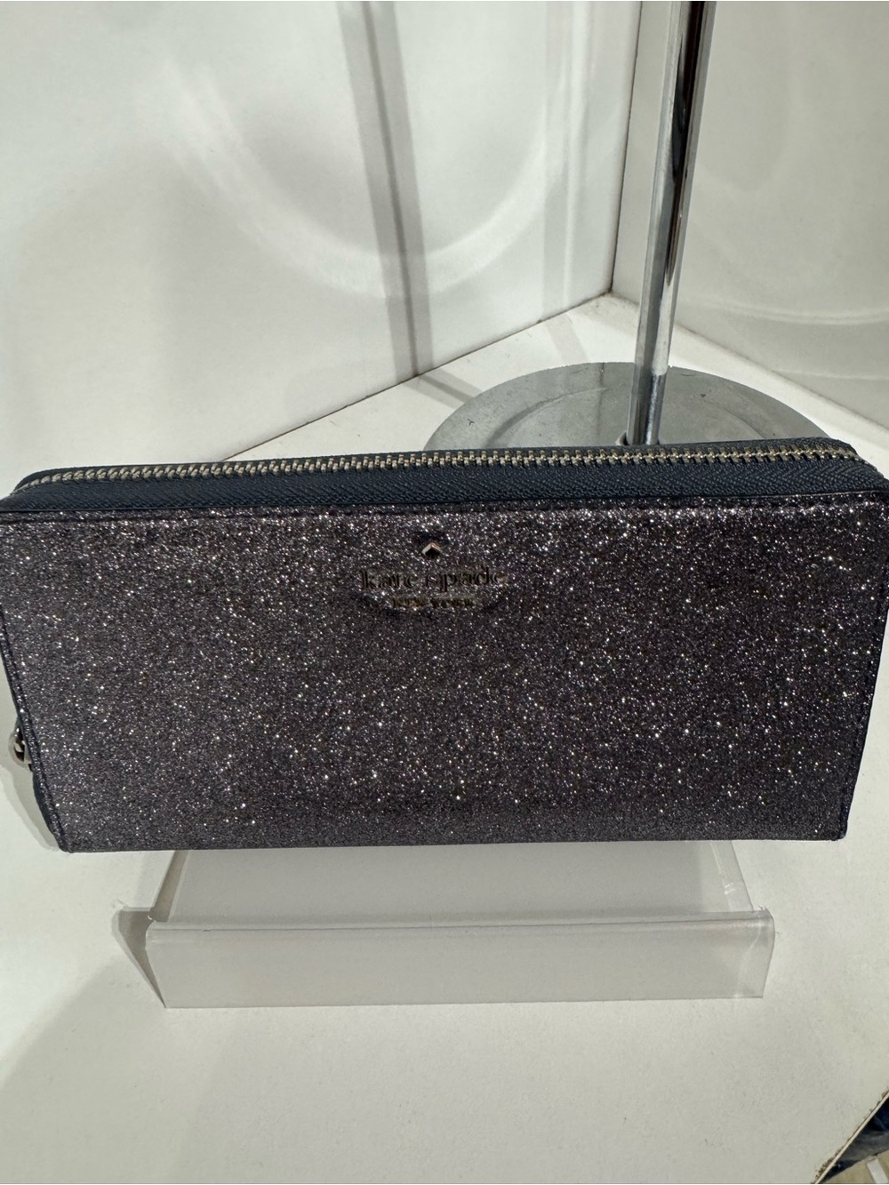 kate spade navy glitter zip-around wallet